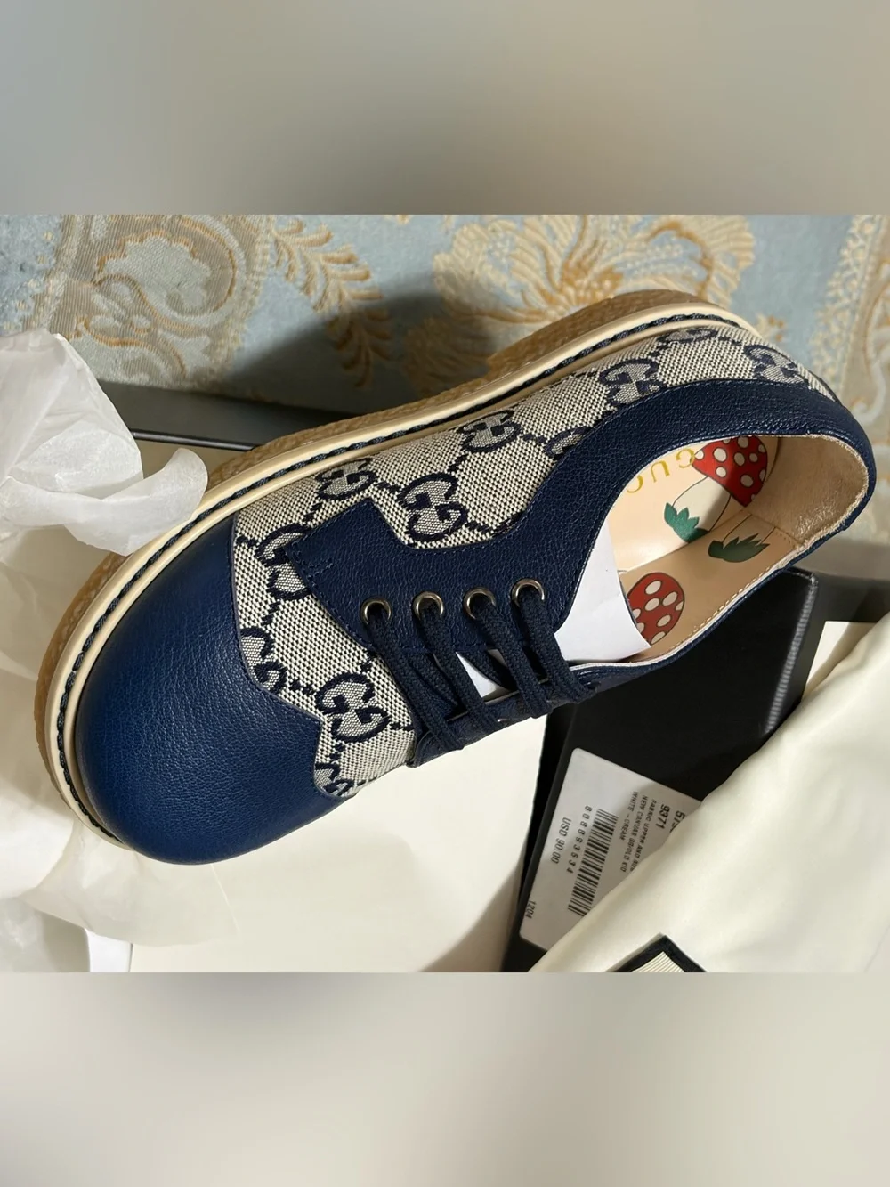 Kids Gucci Blue Leather and Monogram Canvas Dress Shoes
